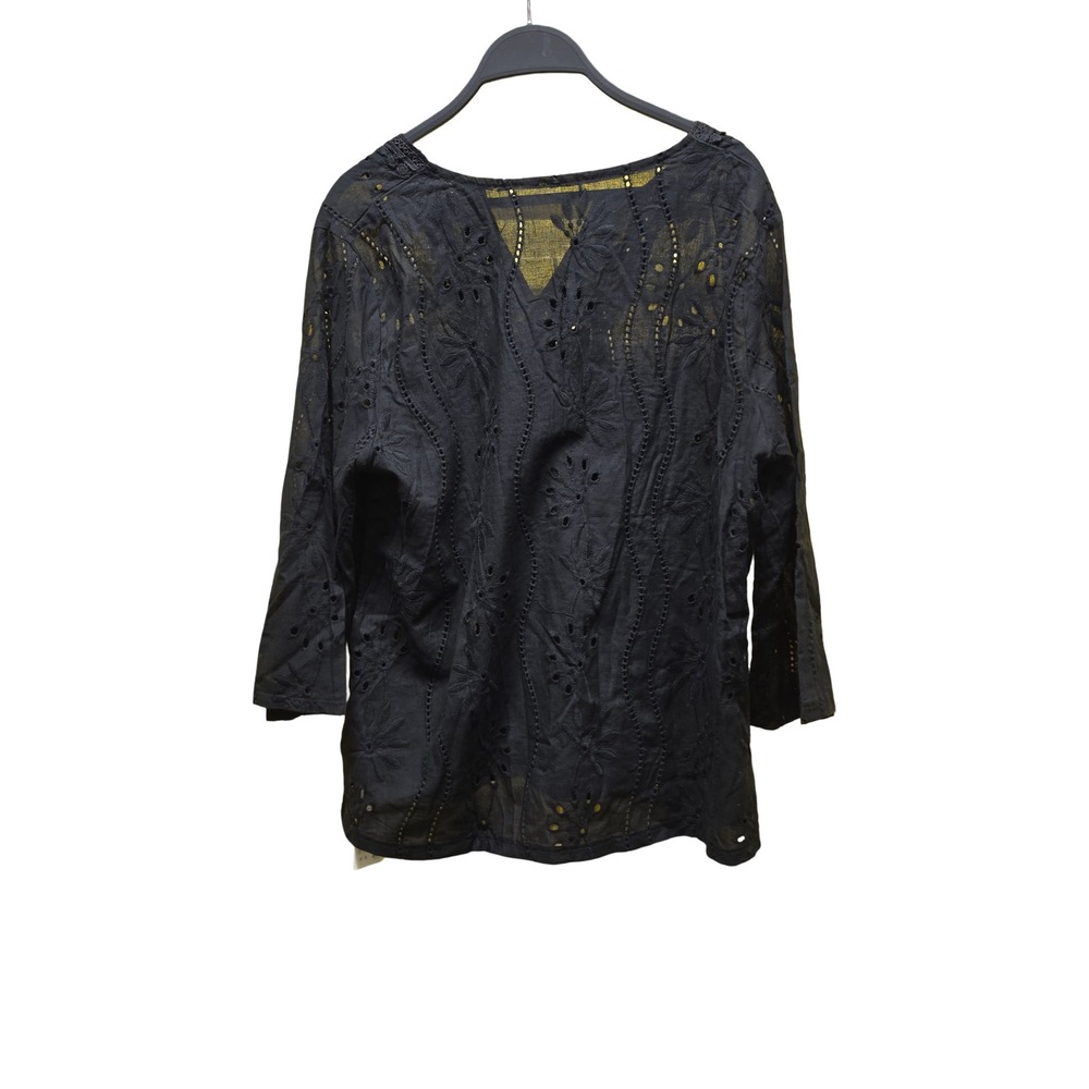 Yesfashion Black Eyelet Embroidered Lace V-Neck Blouse XL Boho 3/4 Sleeve Top